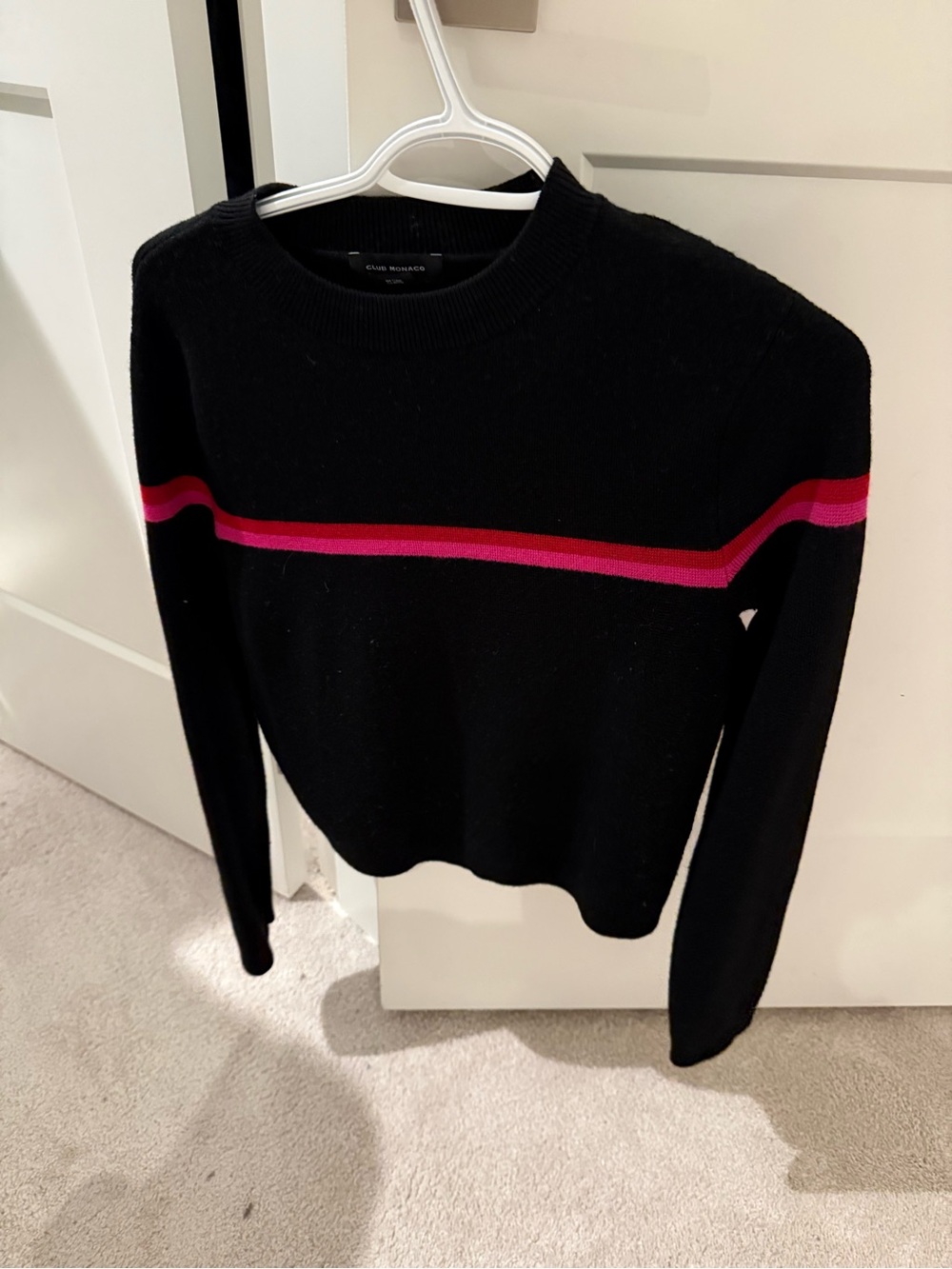 Club Monaco Black Crewneck Sweater with Pink Stripe Detail